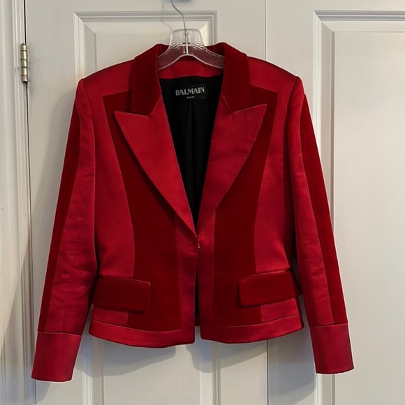 Balmain FW2015 rich red Satin and velvet blazer - Picture 2 of 11
